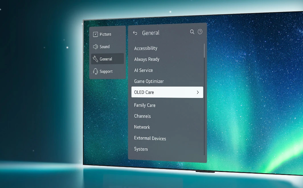 Μια OLED TV στέκεται στη δεξιά πλευρά της εικόνας. Το μενού υποστήριξης εμφανίζεται στην οθόνη και επιλέγεται το μενού OLED Care.
